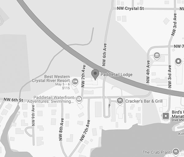 Static map showing the location of Paddletail Waterfront Lodge in Crystal River, FL